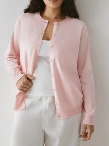 YARNWELL Plus Size Casual Versatile Solid Color Thin Cardigan Fall - Pink - View 9