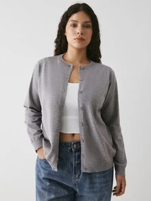 YARNWELL Plus Size Women Solid Color Single-Breasted Casual Versatile Daily Cardigan - Grey - View 5