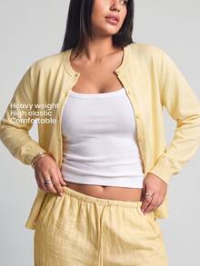 YARNWELL Plus Size Women Solid Color Long Sleeve Single-Breasted Casual Thin Cardigan Fall - Light Yellow - View 1