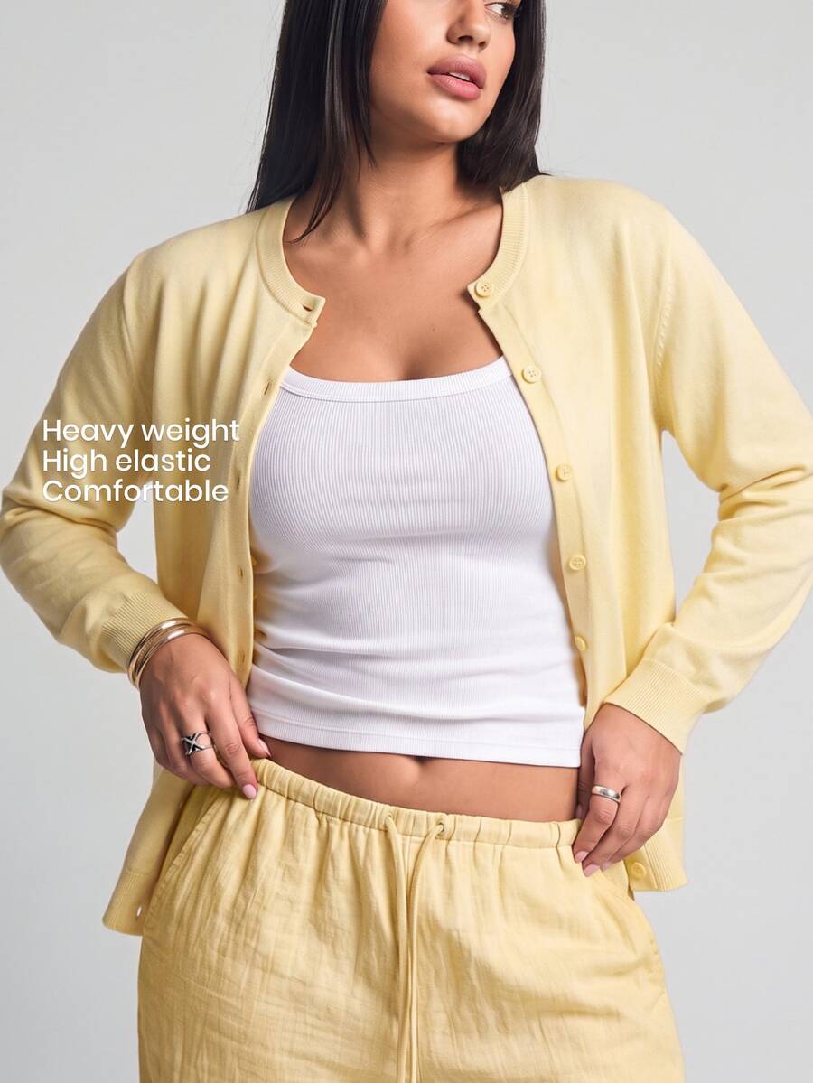 YARNWELL Plus Size Women Solid Color Long Sleeve Single-Breasted Casual Thin Cardigan Fall - Light Yellow - View 1