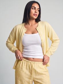 YARNWELL Plus Size Women Solid Color Long Sleeve Single-Breasted Casual Thin Cardigan Fall - Light Yellow - View 5