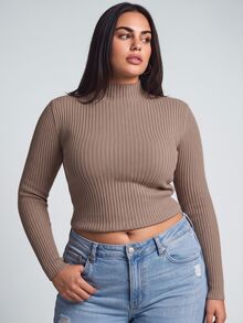 YARNWELL Plus Size Women Solid Color Stand Collar Fitted Versatile Daily Wear Knit Top Fall - Khaki - View 6