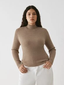 YARNWELL Plus Size Women Solid Color Stand Collar Fitted Versatile Daily Wear Knit Top Fall - Khaki - View 5