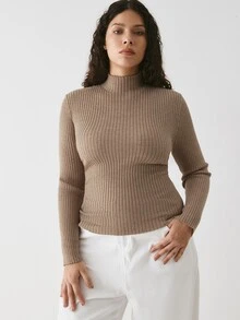 YARNWELL Plus Size Women Solid Color Stand Collar Fitted Versatile Daily Wear Knit Top Fall - Khaki - View 3