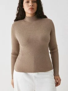 YARNWELL Plus Size Women Solid Color Stand Collar Fitted Versatile Daily Wear Knit Top Fall - Khaki - View 4
