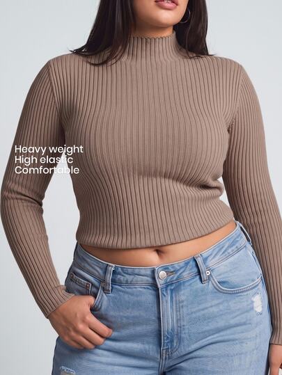 YARNWELL Plus Size Women Solid Color Stand Collar Fitted Versatile Daily Wear Knit Top Fall