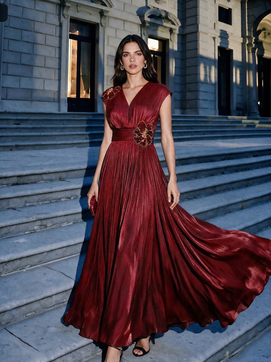 Anewsta Contrast Lace Pleated Hem Formal Dress - Burgundy - View 1