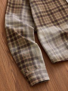 SWAVVY Men's Brown Plaid Letter Embroidered Denim Jacket - Khaki - View 5