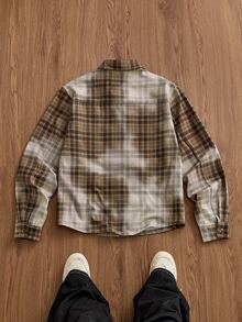 SWAVVY Men's Brown Plaid Letter Embroidered Denim Jacket - Khaki - View 3