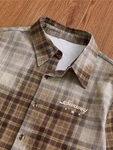 SWAVVY Men's Brown Plaid Letter Embroidered Denim Jacket - Khaki - View 4