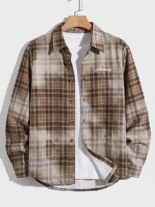 SWAVVY Men's Brown Plaid Letter Embroidered Denim Jacket - Khaki - View 1