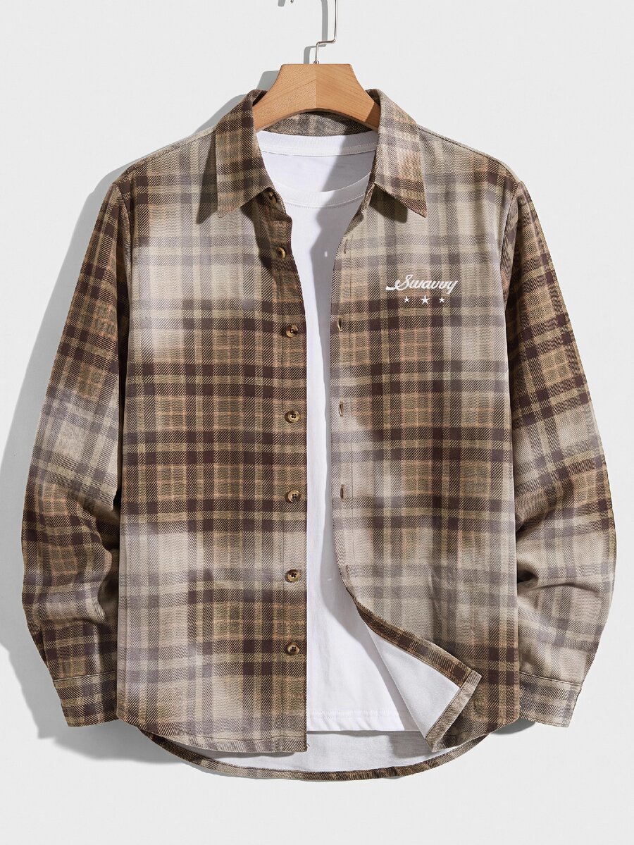 SWAVVY Men's Brown Plaid Letter Embroidered Denim Jacket - Khaki - View 1