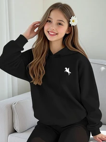 SHEIN 返校季少女休闲马匹图案黑色卫衣，时尚独特，适合所有季节，秋冬皆宜，黑色卫衣，Y2K风格女童卫衣 - 黑色 - 查看 2