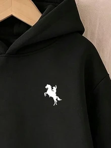 SHEIN 返校季少女休闲马匹图案黑色卫衣，时尚独特，适合所有季节，秋冬皆宜，黑色卫衣，Y2K风格女童卫衣 - 黑色 - 查看 5