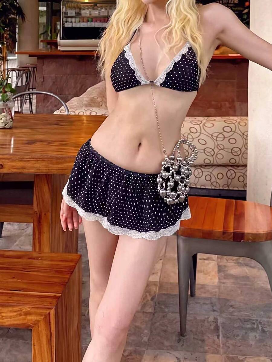 DAZY 3件組波點掛脖三角比基尼套裝 女款海灘服 - 黑與白 - 查看 1