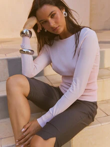 Aralina ملابس علوية نسائية ناعمة شفافة محبوكة مرنة بياقة دائرية وأكمام طويلة ضيقة للخروج والحفلات وأعياد الميلاد والرقص - وردي فاتح - مشاهدة 5