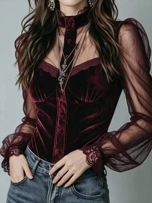 LUMIGAL 女款優雅哥德風酒紅色蕾絲拼接網格襯衫，適合上班、派對、夜店及秋季穿著 - 酒紅色 - 查看 4