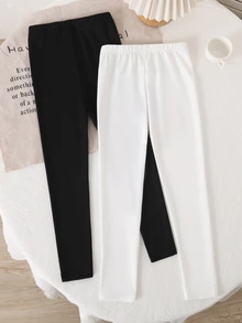 [7pcs Randomly Send 2pcs]Young Girls Toddler 2pcs Set Knitted Slim Fit All-Match Casual Versatile Spring/Summer Black/White Leggings, All-Season Wear - Multicolor - View 3