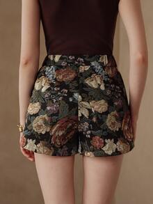 Anewsta Women's Black Floral Jacquard High-Waisted A-Line Slimming Shorts, Suitable For Commuting, Travel, Party And Daily Wear, Autumn/Winter - Black - View 7