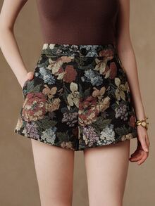Anewsta Women's Black Floral Jacquard High-Waisted A-Line Slimming Shorts, Suitable For Commuting, Travel, Party And Daily Wear, Autumn/Winter - Black - View 3