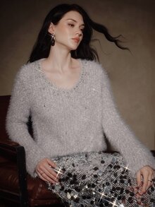 Anewsta Suéter elegante casual de manga larga con cuello en V y pedrería para mujer - Iron Gray - Ver 1
