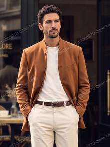 Suiteron Men's Solid Color Long Sleeve Single-Breasted Casual Blazer, Formal, Old Money - Redwood - View 2