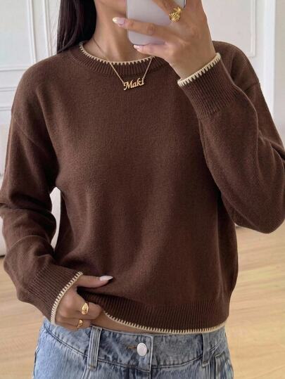 SHEIN Autumn Clothes Tween Girls Brown And White Polka Dot Elegant 2016 Aesthetic Preppy Round Neck Long Sleeve Sweater Pullover School Christmas