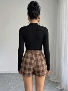 SHEIN Elenzya Autumn Casual Solid Color Waist-Cinching Plaid Skort Set - Black - View 2