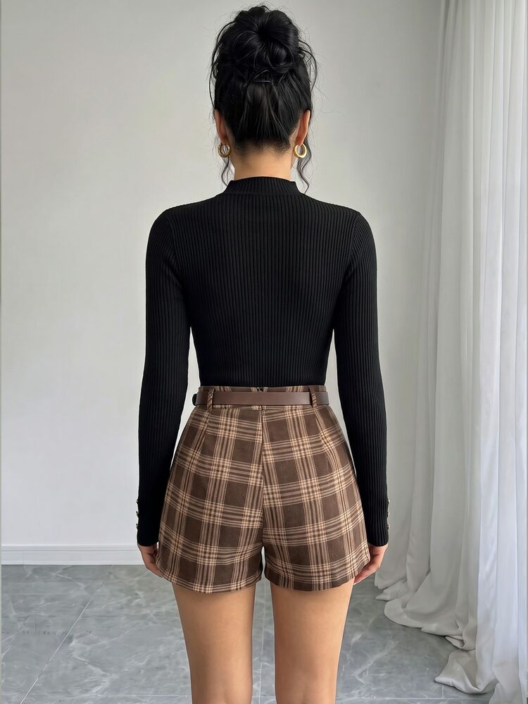 SHEIN Elenzya 秋季休閒純色收腰格紋裙褲套裝 - 黑色 - 查看 2