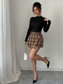 SHEIN Elenzya Autumn Casual Solid Color Waist-Cinching Plaid Skort Set - Black - View 3