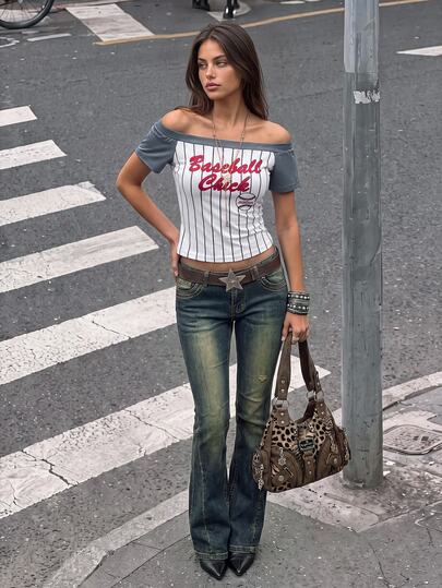 SuriyaCove Women's Y2K Athleisure Baggy Cold Shoulder Black And White Baseball Graphic T-Shirt, New Summer Arrival. Everyday Daytime