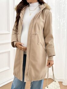 SHEIN Maternity Autumn/Winter Warm Hooded 3-In-1 Jacket Fall - Khaki - View 6