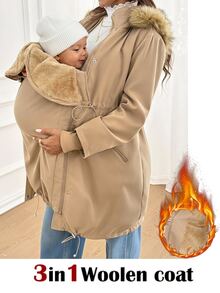 SHEIN Maternity Autumn/Winter Warm Hooded 3-In-1 Jacket Fall - Khaki - View 2