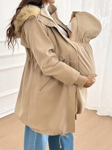 SHEIN Maternity Autumn/Winter Warm Hooded 3-In-1 Jacket Fall - Khaki - View 3