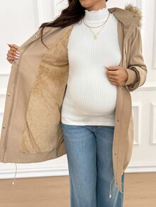 SHEIN Maternity Autumn/Winter Warm Hooded 3-In-1 Jacket Fall - Khaki - View 4