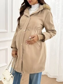 SHEIN Maternity Autumn/Winter Warm Hooded 3-In-1 Jacket Fall - Khaki - View 5