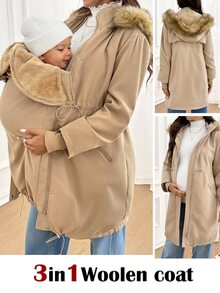 SHEIN Maternity Autumn/Winter Warm Hooded 3-In-1 Jacket Fall - Khaki - View 1