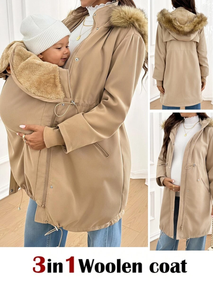 SHEIN Maternity Autumn/Winter Warm Hooded 3-In-1 Jacket Fall - Khaki - View 1