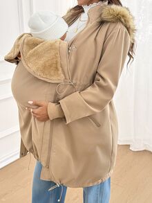 SHEIN Maternity Autumn/Winter Warm Hooded 3-In-1 Jacket Fall - Khaki - View 8