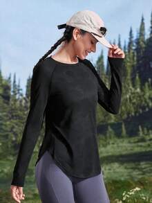 WanderVale Women's Outdoor T-Shirt & Tank Top Mesh Hem Curved Design Slim Fit Flattering Long Sleeve T-Shirt Only Tops - Black - View 2