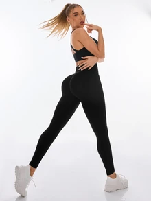 SHEIN Sports Seamless High Elasticity Women's Sports Soft Athletic Leggings Gym Yoga Black Summer - Black - View 8