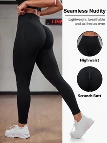 SHEIN Sports Seamless High Elasticity Women's Sports Soft Athletic Leggings Gym Yoga Black Summer - Black - View 1