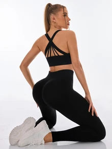 SHEIN Sports Seamless High Elasticity Women's Sports Soft Athletic Leggings Gym Yoga Black Summer - Black - View 6