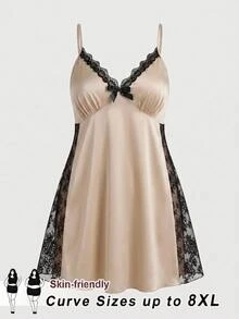 SHEIN CURVE+ Gaun Seksi Patchwork Satin & Renda untuk Wanita Ukuran Plus - Aprikot - View 1