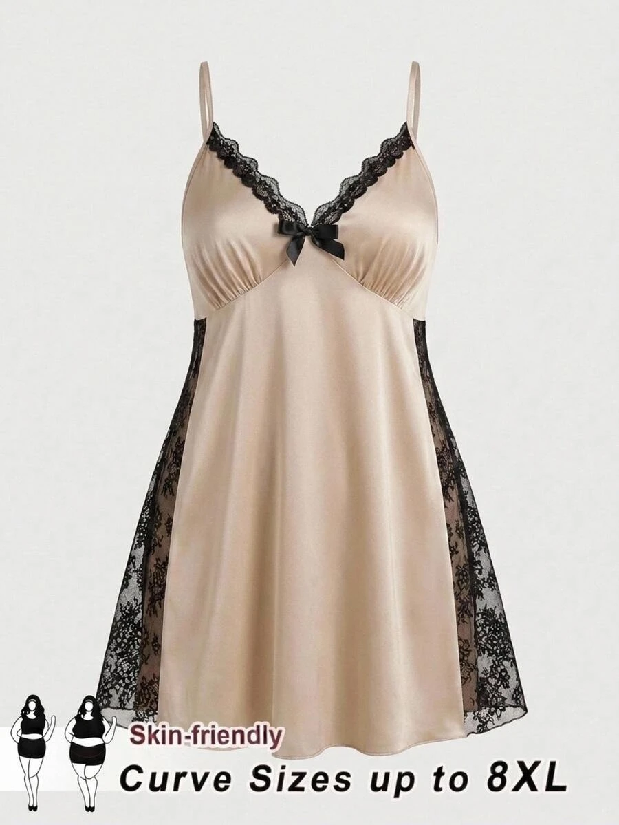 SHEIN CURVE+ Gaun Seksi Patchwork Satin & Renda untuk Wanita Ukuran Plus - Aprikot - View 1
