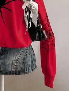 SHEIN EZwear 女款紅色蜘蛛印花灰色寬鬆半拉鍊高領輕量套頭運動衫，適合萬聖節、電影約會、朋友聚會等場合 - 彩色 - 查看 4