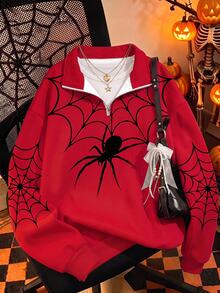 SHEIN EZwear 女款紅色蜘蛛印花灰色寬鬆半拉鍊高領輕量套頭運動衫，適合萬聖節、電影約會、朋友聚會等場合 - 彩色 - 查看 6
