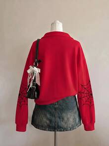 SHEIN EZwear 女款紅色蜘蛛印花灰色寬鬆半拉鍊高領輕量套頭運動衫，適合萬聖節、電影約會、朋友聚會等場合 - 彩色 - 查看 2