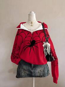 SHEIN EZwear 女款紅色蜘蛛印花灰色寬鬆半拉鍊高領輕量套頭運動衫，適合萬聖節、電影約會、朋友聚會等場合 - 彩色 - 查看 1