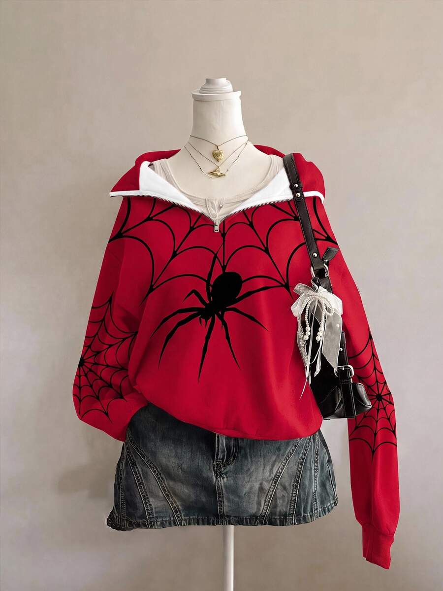 SHEIN EZwear 女款紅色蜘蛛印花灰色寬鬆半拉鍊高領輕量套頭運動衫,適合萬聖節、電影約會、朋友聚會等場合 - 彩色 - 查看 1